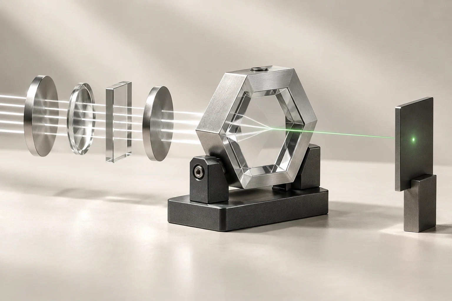 A silver hexagonal optical assembly resolving light into one green signal.