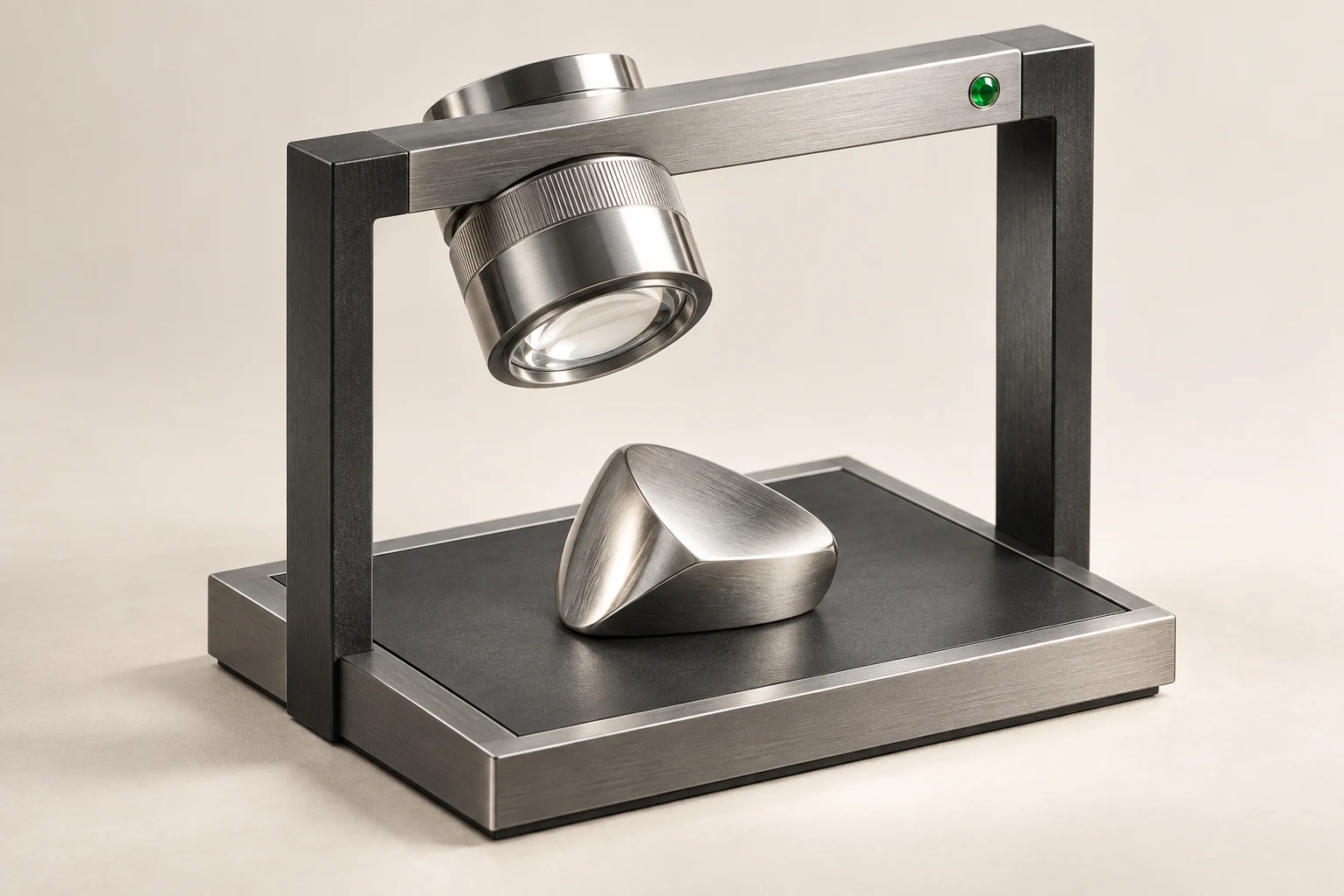 A silver inspection lens above a shaped object within a graphite frame.