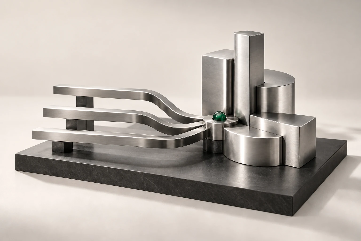 Silver channels joined to architectural forms around a small green pin.