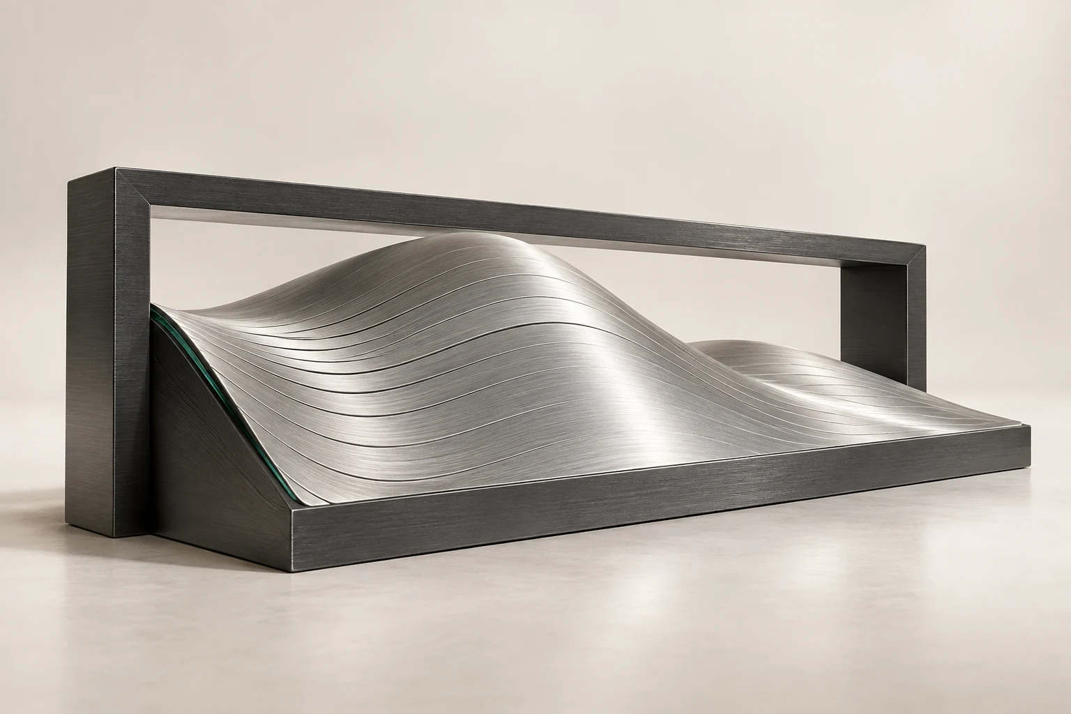 A layered silver dune shaped within a graphite frame, with a thin green stratum.