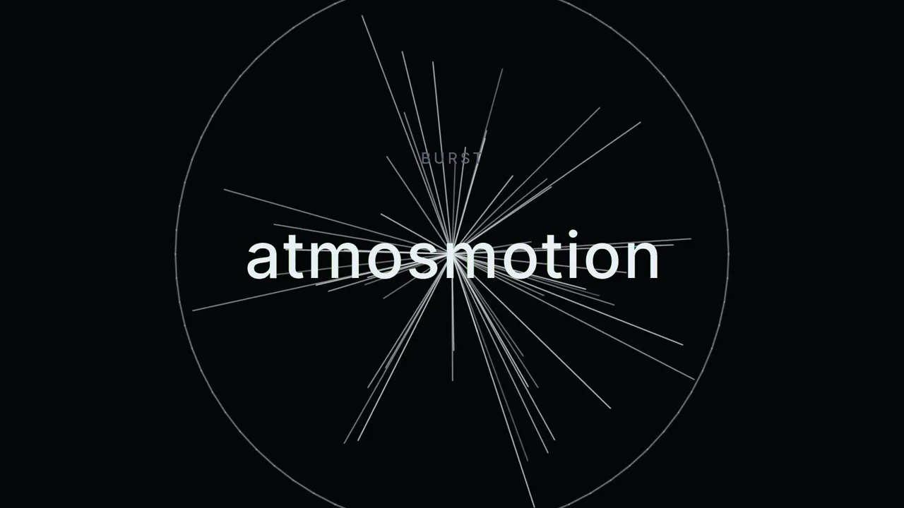Thin white streaks burst from a centre point behind the lowercase atmosmotion wordmark on a black field.