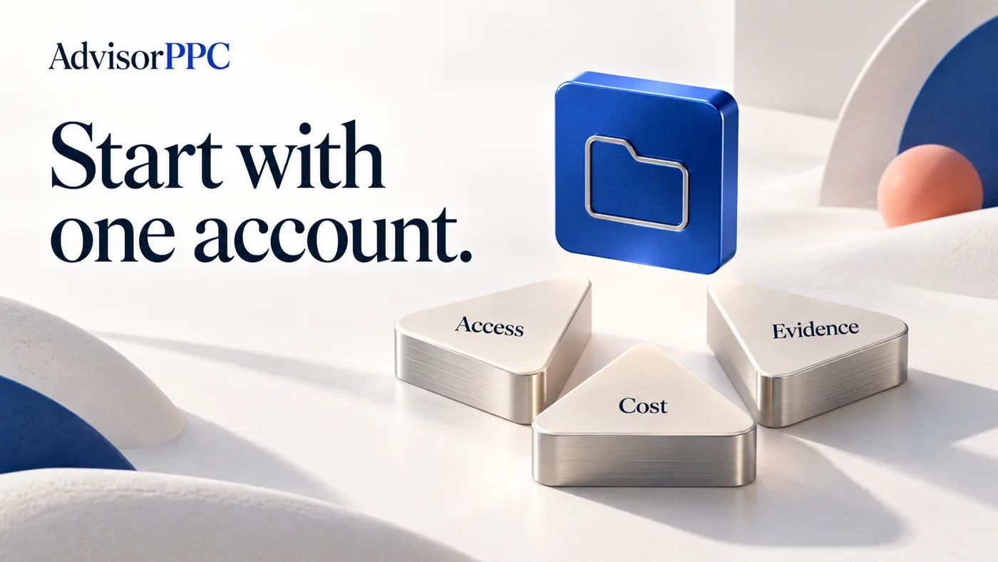 One cobalt account tile sits above three separate evaluation modules labeled Access, Evidence and Cost.