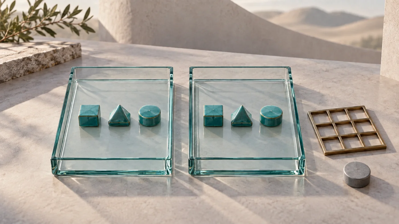 Two glass trays each hold a cube, a pyramid and a cylinder, with a comparison grid and excluded grey piece alongside.