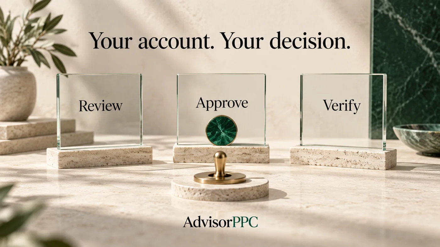 Three glass panels labeled Review, Approve and Verify stand behind a brass stamp on an ivory surface.