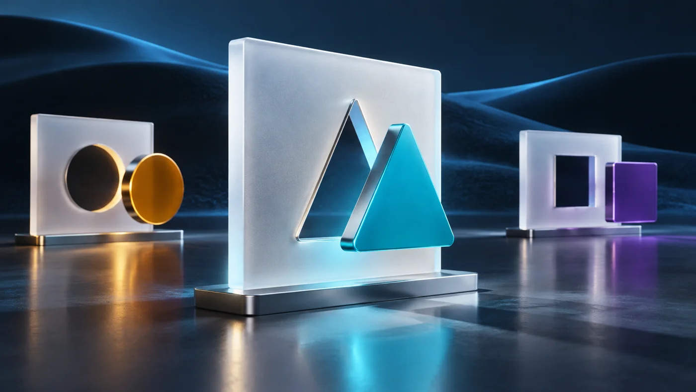 Cyan triangular, amber circular and purple square pieces align with their own matching apertures on separate glass panels.