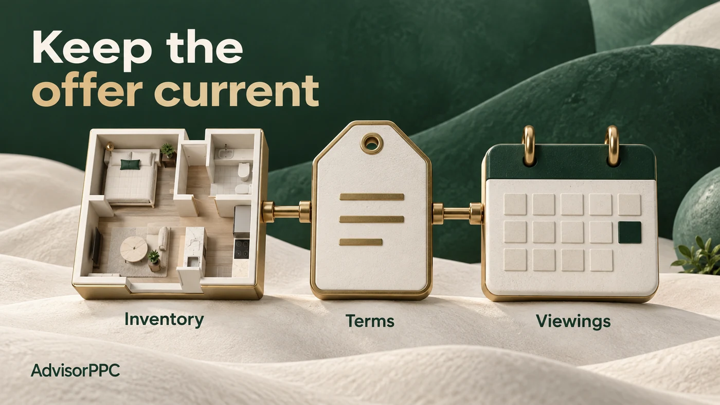 Apartment floor-plan, terms tag and calendar objects align inventory, offer conditions and viewing availability.
