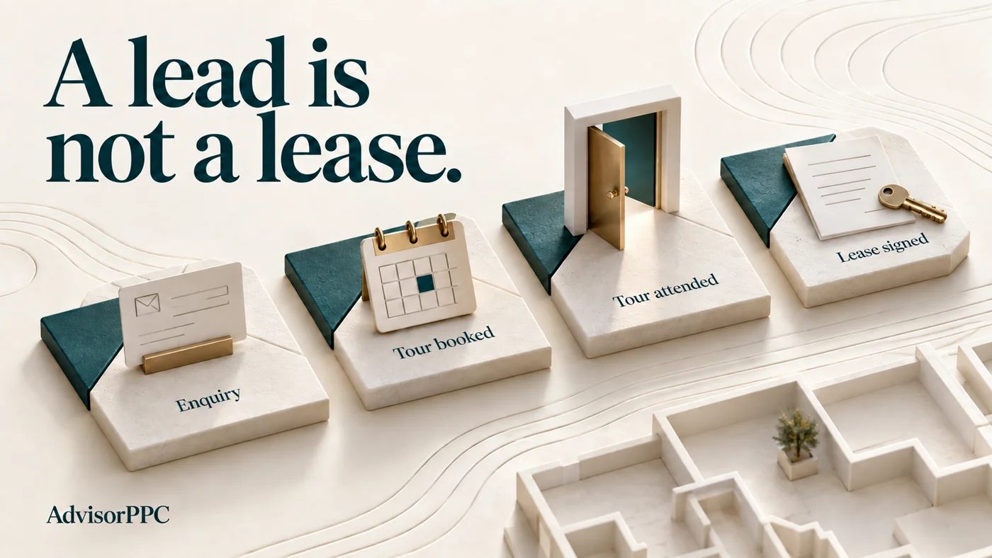 Architectural modules and four distinct markers illustrate inquiry, scheduled tour, attended tour and signed lease as separate leasing stages.