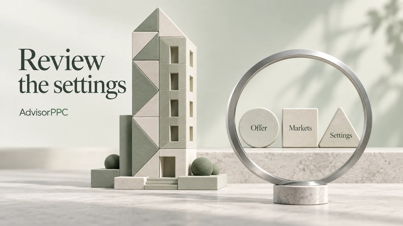 An abstract apartment tower stands beside a magnifying ring around offer, markets and settings tiles.