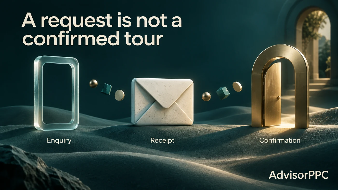 A glass phone-shaped frame, envelope and doorway distinguish an inquiry, its receipt and tour confirmation.