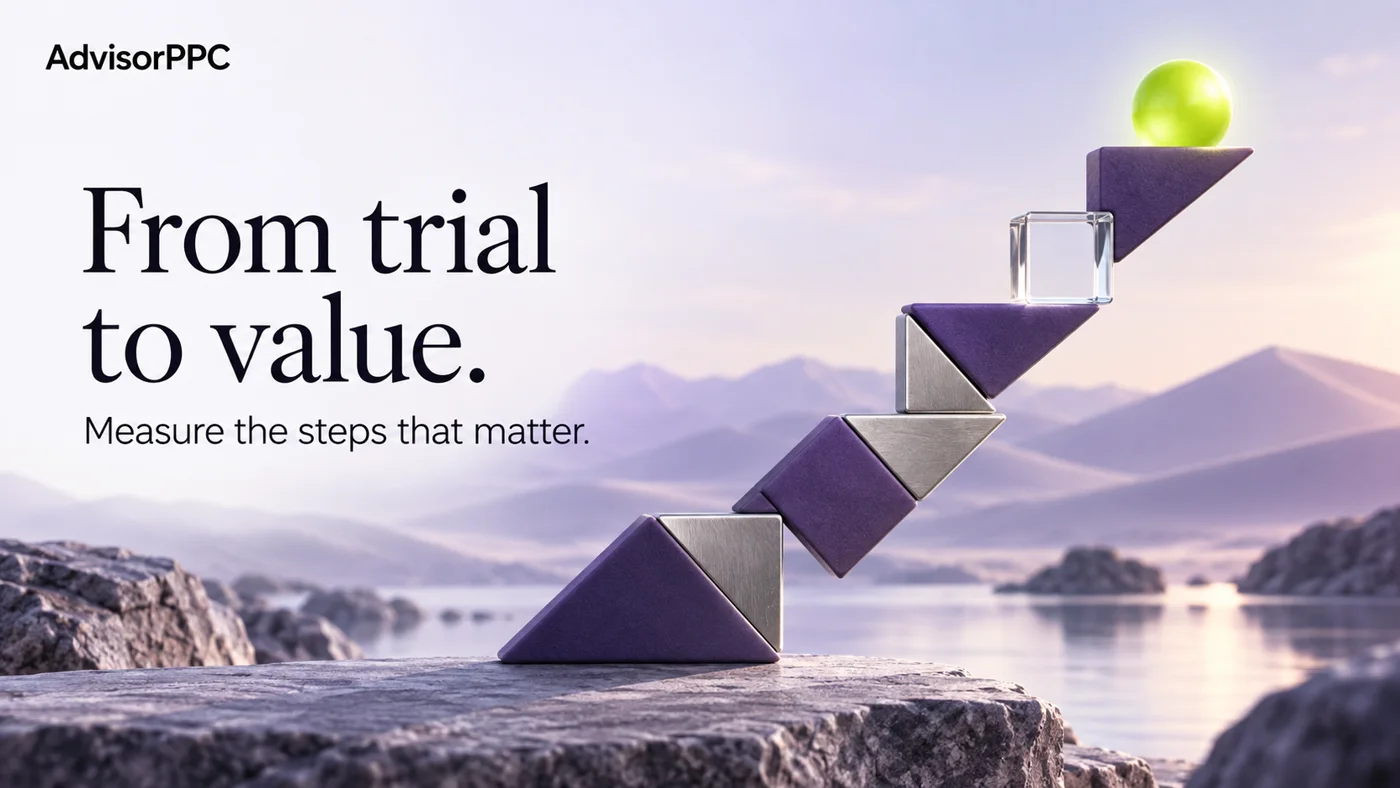 Violet and metallic geometric blocks climb toward a clear cube and lime sphere beside the words From trial to value.