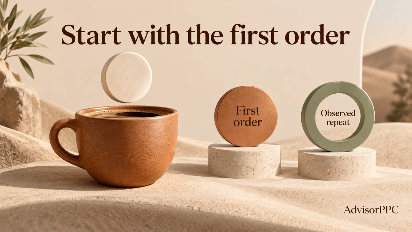 A sculptural coffee cup sits beside separate first-order and observed-repeat tokens on a cream background.