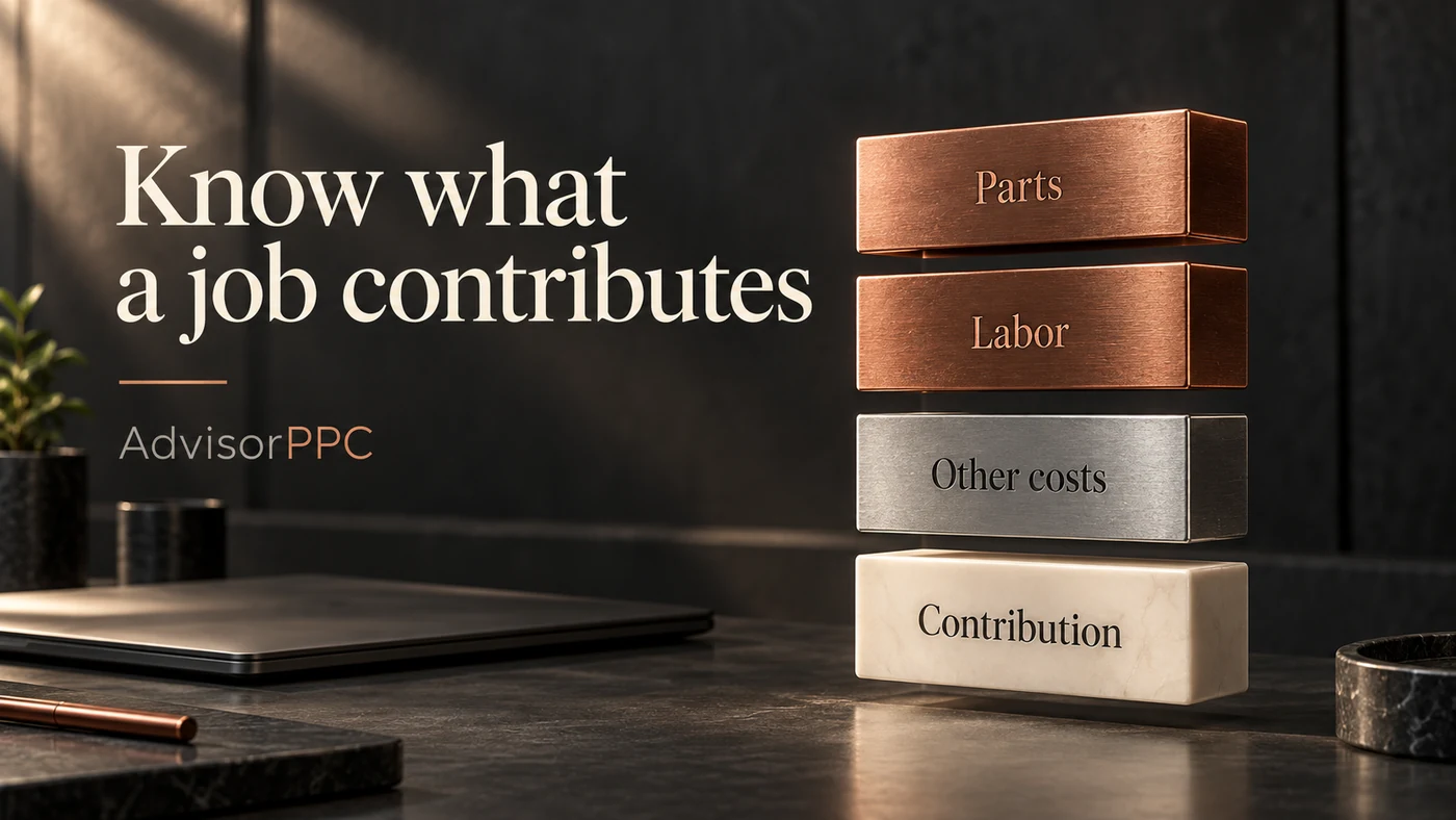 Floating blocks labeled parts, labor, other costs and contribution separate the components of repair-job economics.