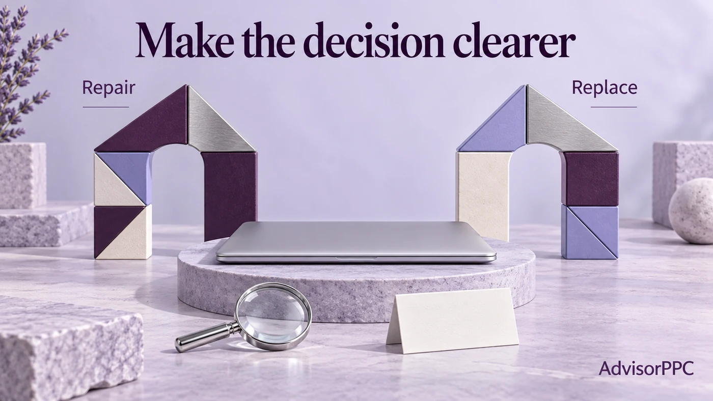 An unbranded laptop sits between equal repair and replacement paths with an inspection lens and blank estimate card.