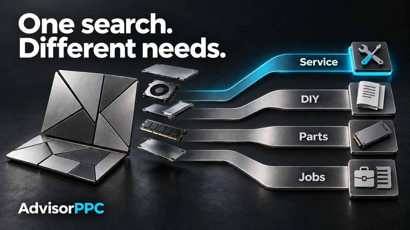 An unbranded laptop and separated component paths distinguish service, DIY, parts and job-search intent for computer repair.