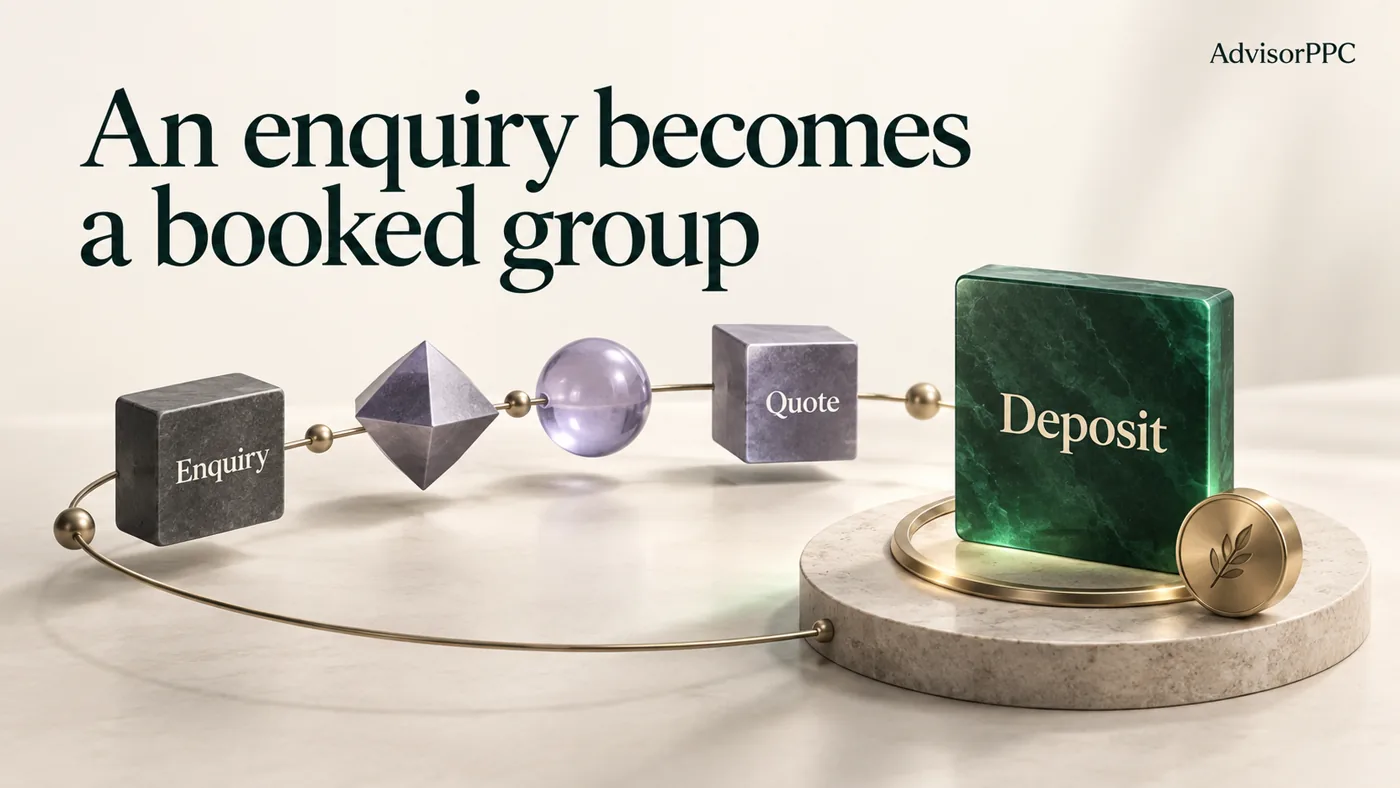 Graphite and violet inquiry and quote blocks follow a brass orbital rail toward a larger emerald Deposit tile beside a settled brass token.