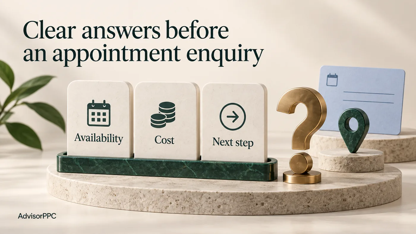 Ivory Availability, Cost and Next step cards sit beside a brass question mark, emerald location pin and blank blue appointment card.