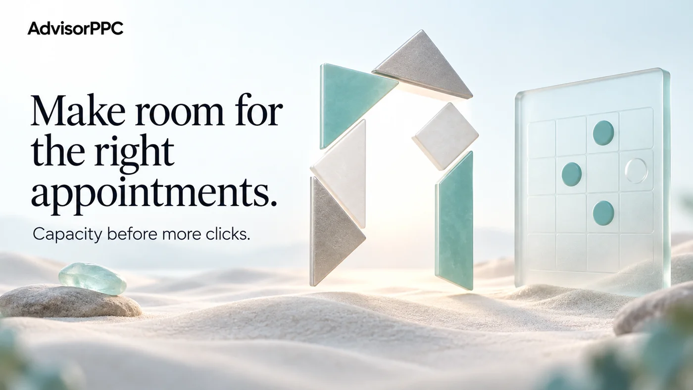 Mint glass and pale stone shapes form an arch beside an appointment grid with three mint markers and one pale marker.