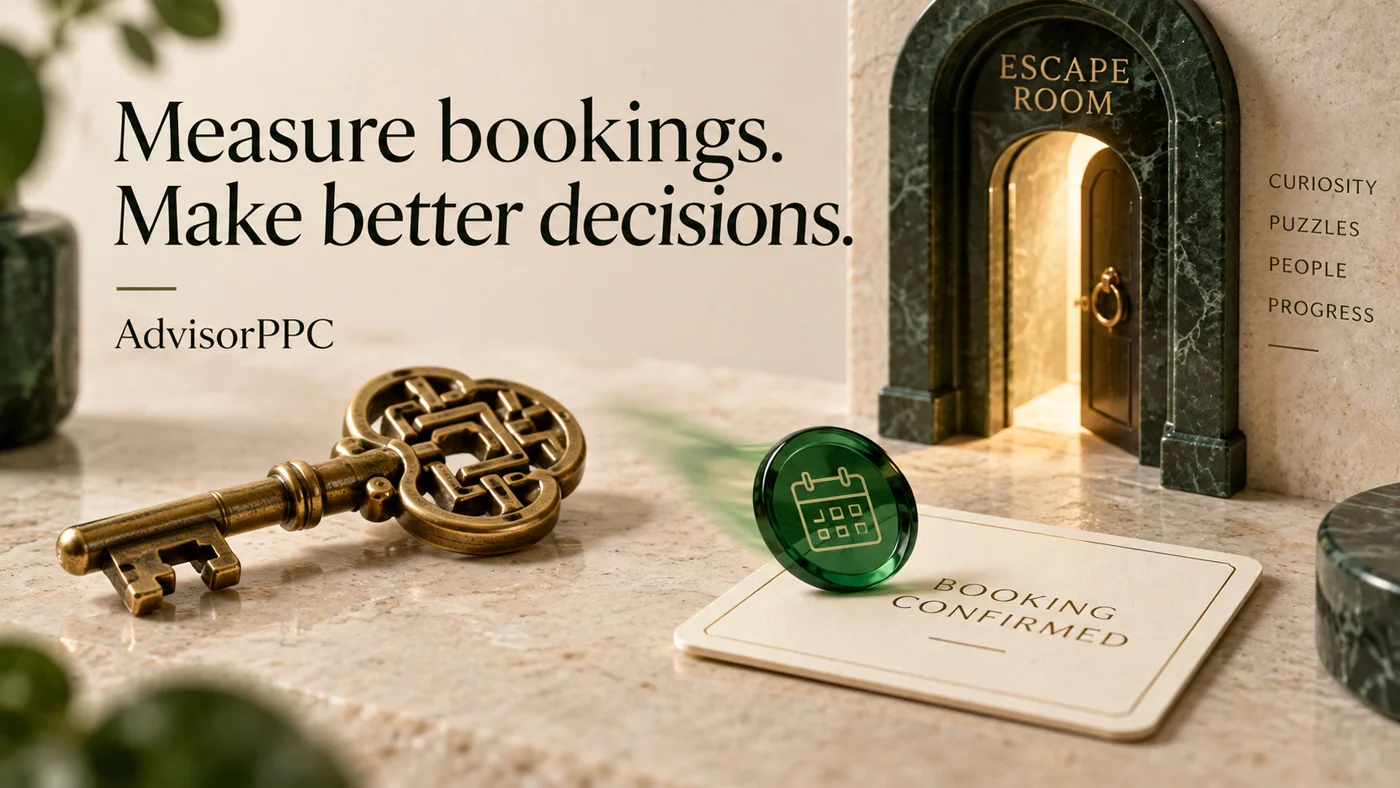 A brass puzzle key sits beside an open miniature escape-room doorway and an emerald calendar token on a booking-confirmed card.