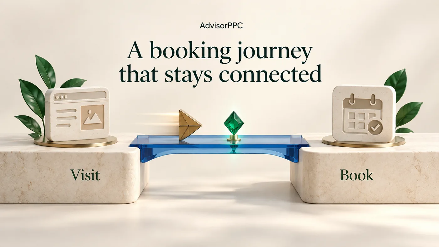 A cobalt glass bridge connects stone Visit and Book platforms, with a brass booking token and an emerald checkpoint between conceptual website and calendar symbols.