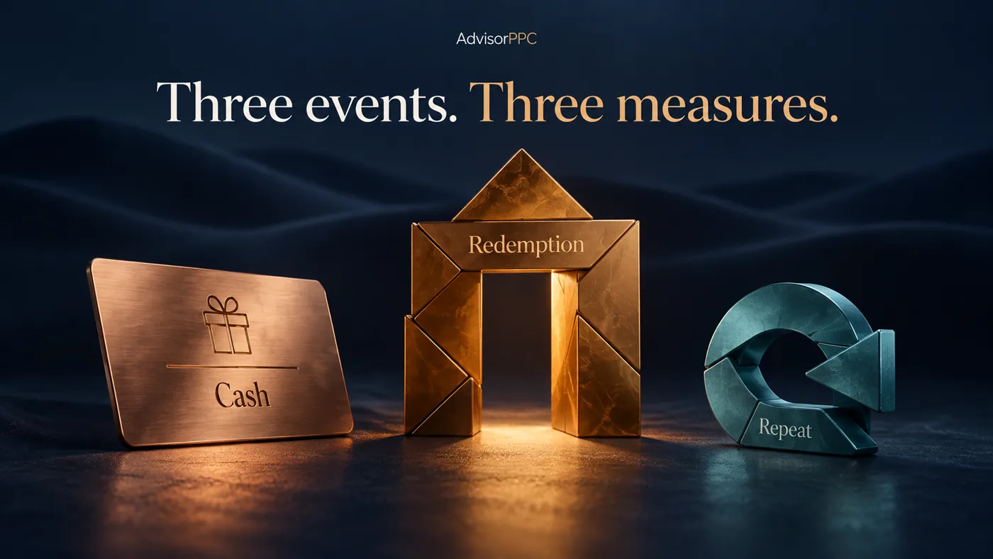 Copper gift card, amber puzzle doorway and teal return loop separate cash collection, redemption and repeat visits.