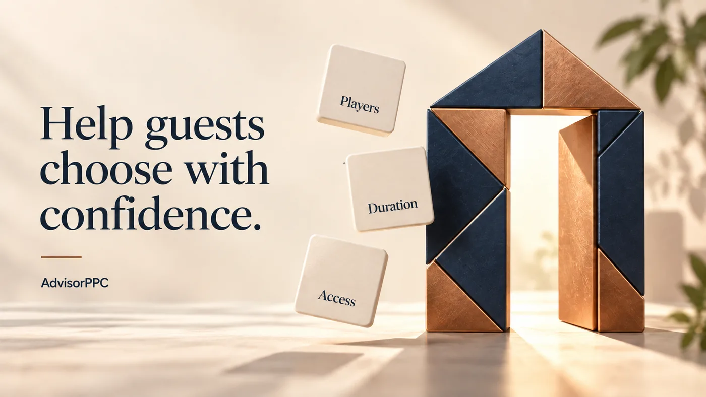 Magnetic puzzle doorway and three physical tiles labeled Players, Duration and Access illustrate useful booking information.