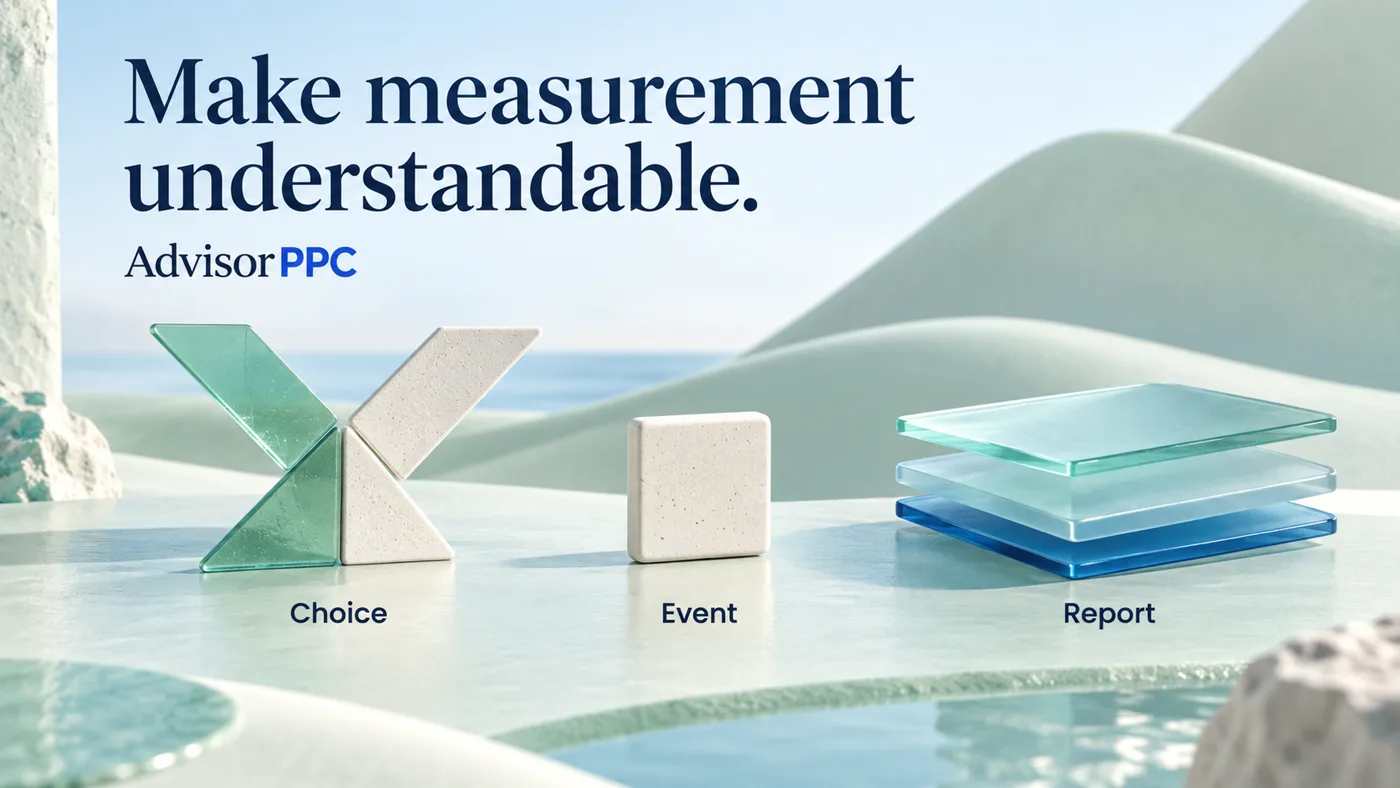 Three separate glass and ceramic modules labeled Choice, Event and Report show the components of understandable first-party measurement.