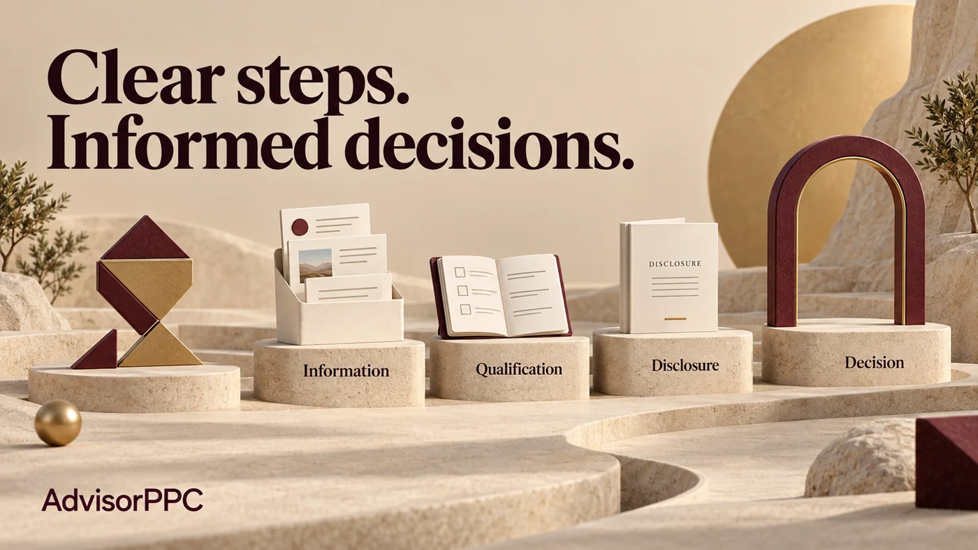 Modular location blocks and an information folder illustrate distinct franchise information, qualification, disclosure and human decision stages.