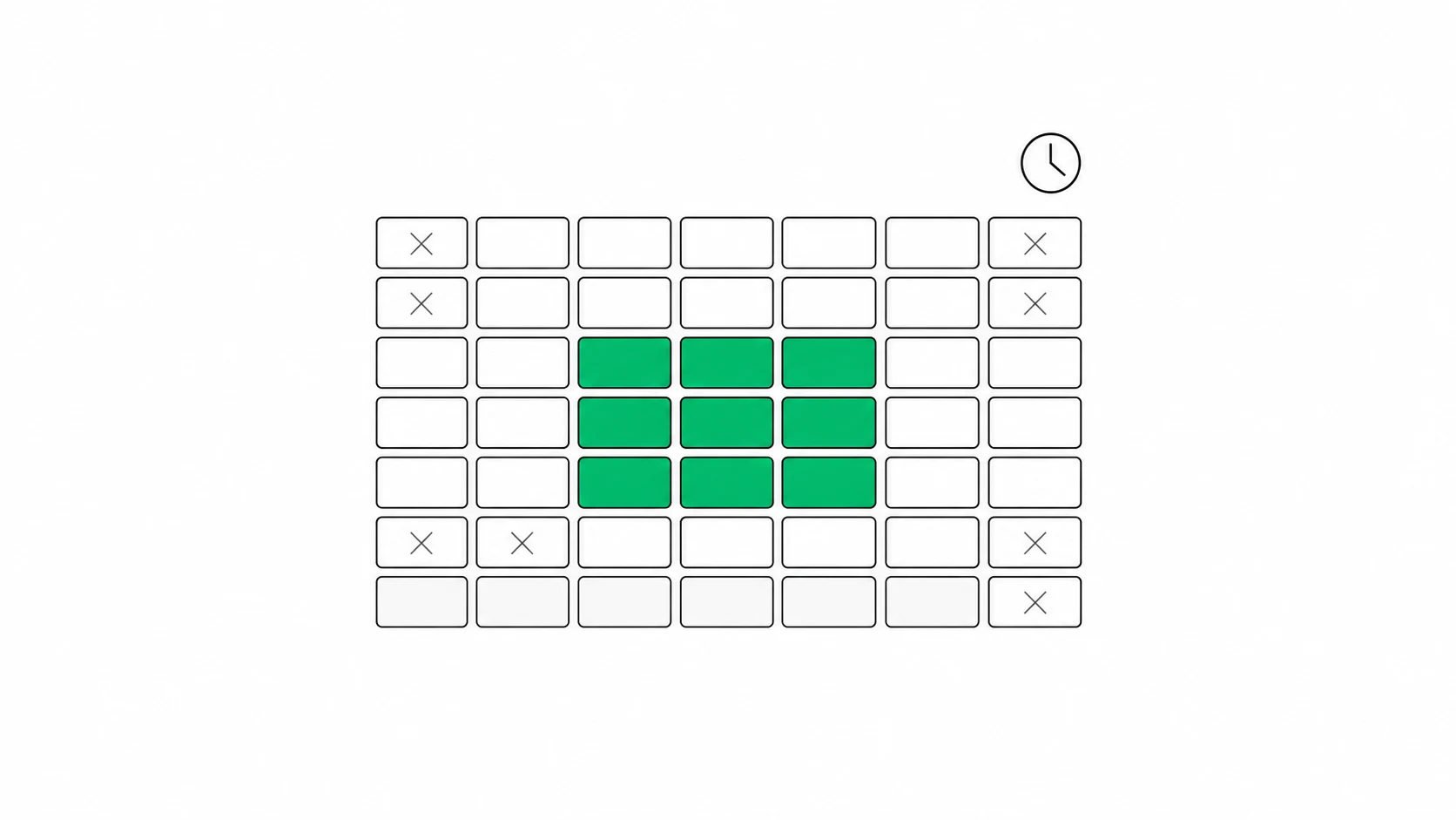 A weekly ad-schedule grid with peak business-hour cells filled green to show ads switched on, quiet overnight cells crossed out, and a small clock marking the timing.
