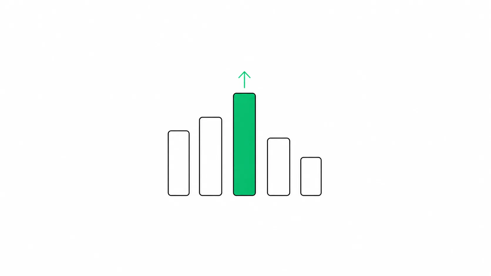 A charcoal bar chart where one bar is filled solid green and taller with an upward arrow, showing the share of searches captured while the other bars stay empty.