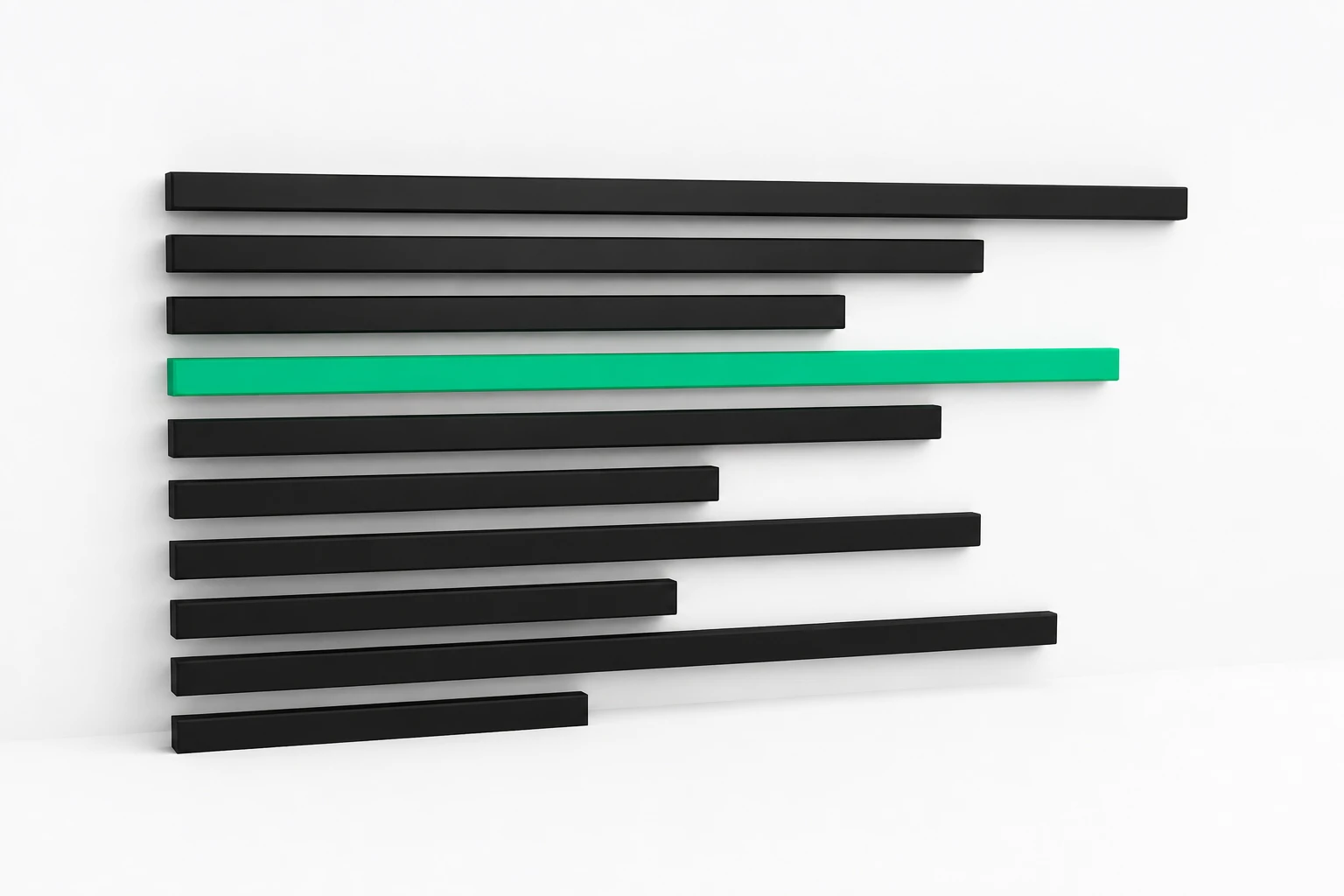 Eight horizontal bars of different lengths stacked like a cost list, with one bar in the stack filled solid green.