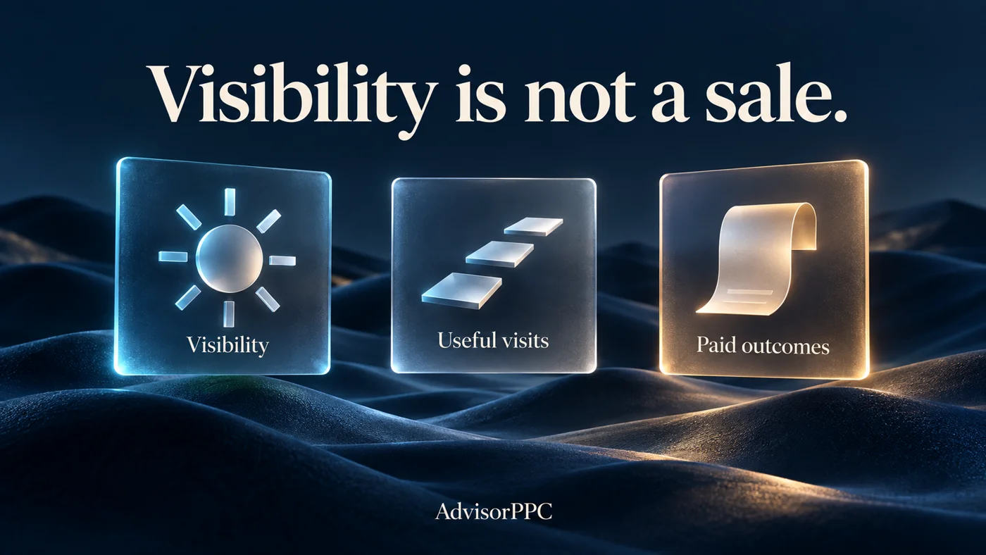 Three separate floating panels labeled Visibility, Useful visits and Paid outcomes sit above blue dunes, with open gaps showing that the measures need separate evidence.