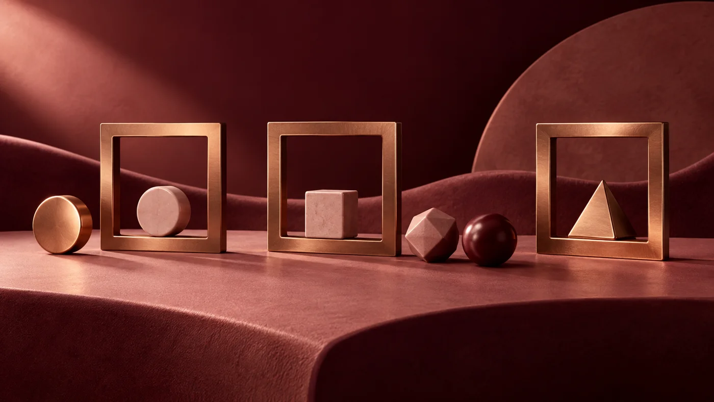 Copper frames and separate geometric tokens illustrate distinct stages and open cases in a franchise inquiry journey.