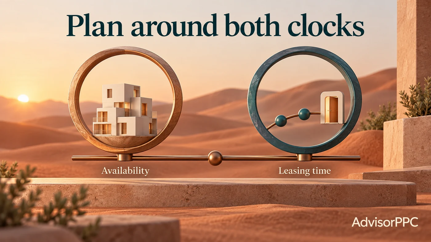 Two sculptural rings hold apartment modules and a staged leasing path to illustrate availability and inquiry timing.