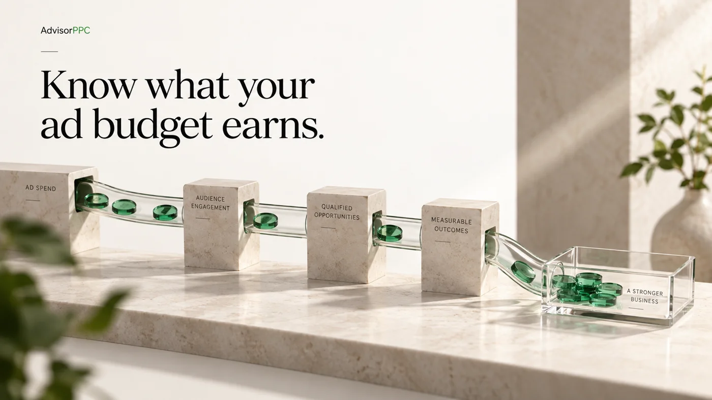 Emerald tokens pass through labeled ad-spend, audience-engagement, qualified-opportunity and measurable-outcome stations.