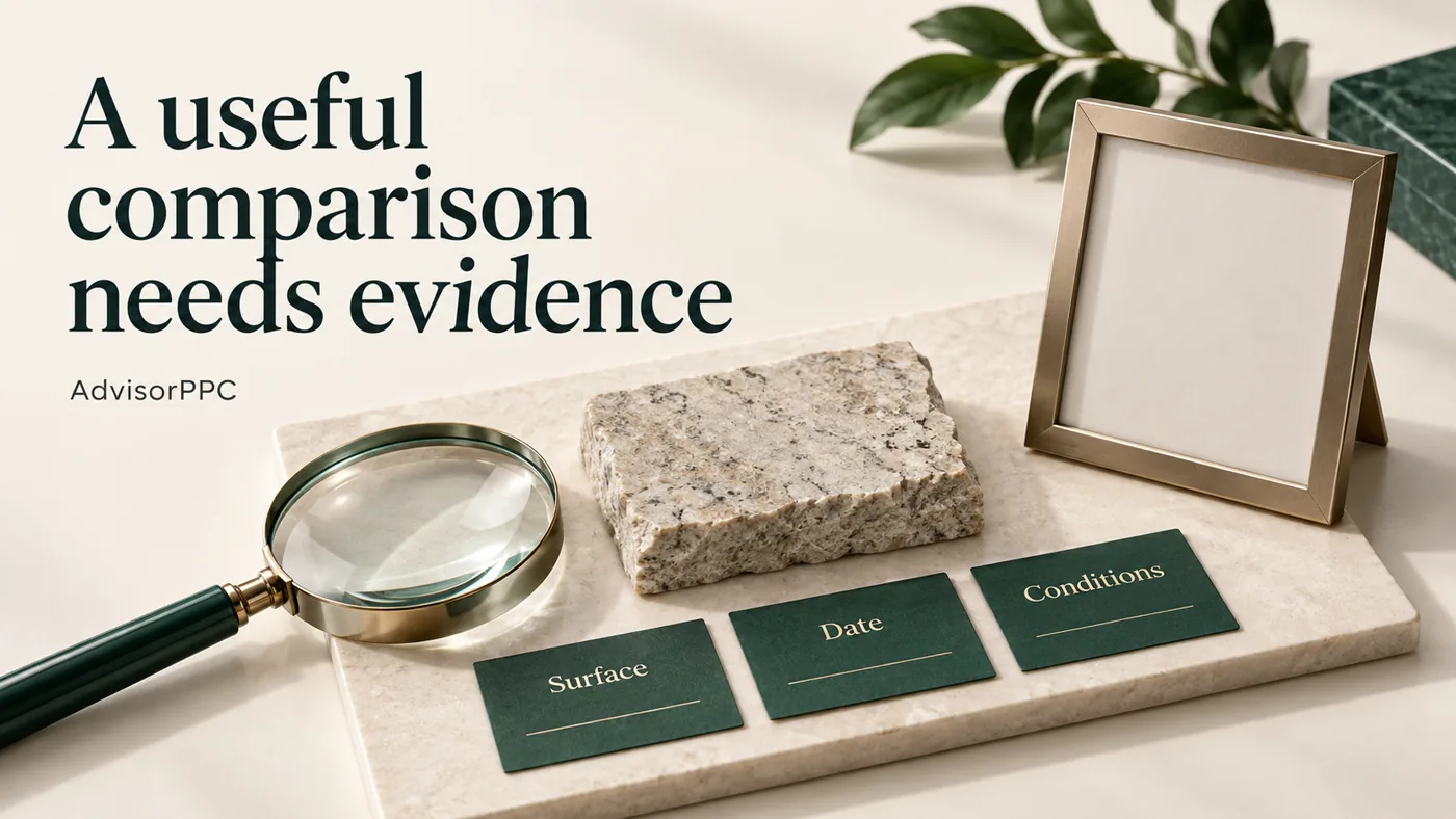 An ivory stone sample and inspection lens sit beside a physical photo frame and emerald Surface, Date and Conditions evidence cards.