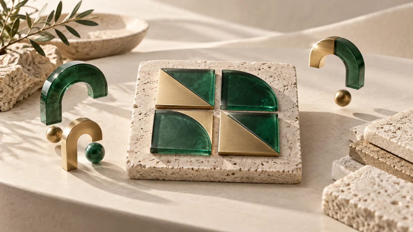 Emerald and brass geometric tiles sit on a travertine sample with sculpted question shapes around them.