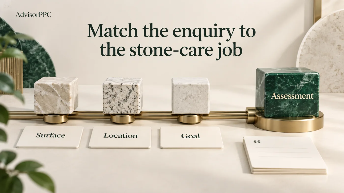 Three pale stone sample blocks follow a brass rail toward an emerald Assessment checkpoint, beside Surface, Location and Goal cards and a blank quote sheet.