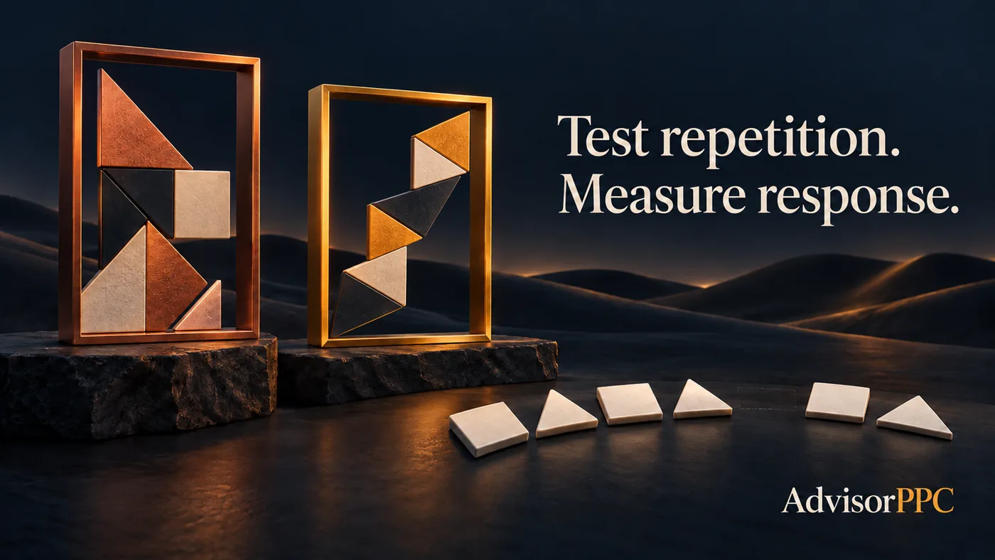 Two distinct amber and copper creative tiles sit beside a spaced sequence of flat magnetic pieces, illustrating a controlled repetition test.