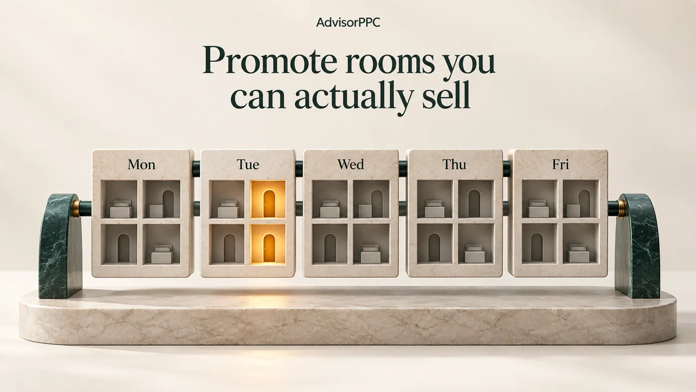 Five stone weekday frames carry room blocks, with two amber doorways illuminated on Tuesday while other blocks remain matte gray.