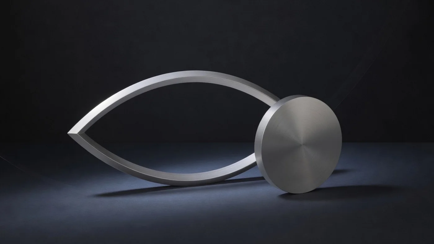 Horizontal aluminum outline of an eye beside a circular lens.