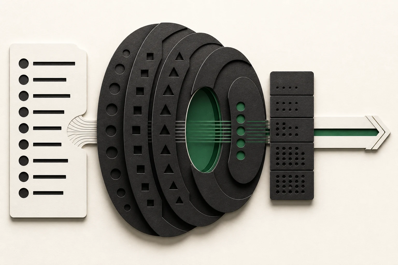 A list card feeding concentric audience rings with a green core, then a dotted block and a green arrow.