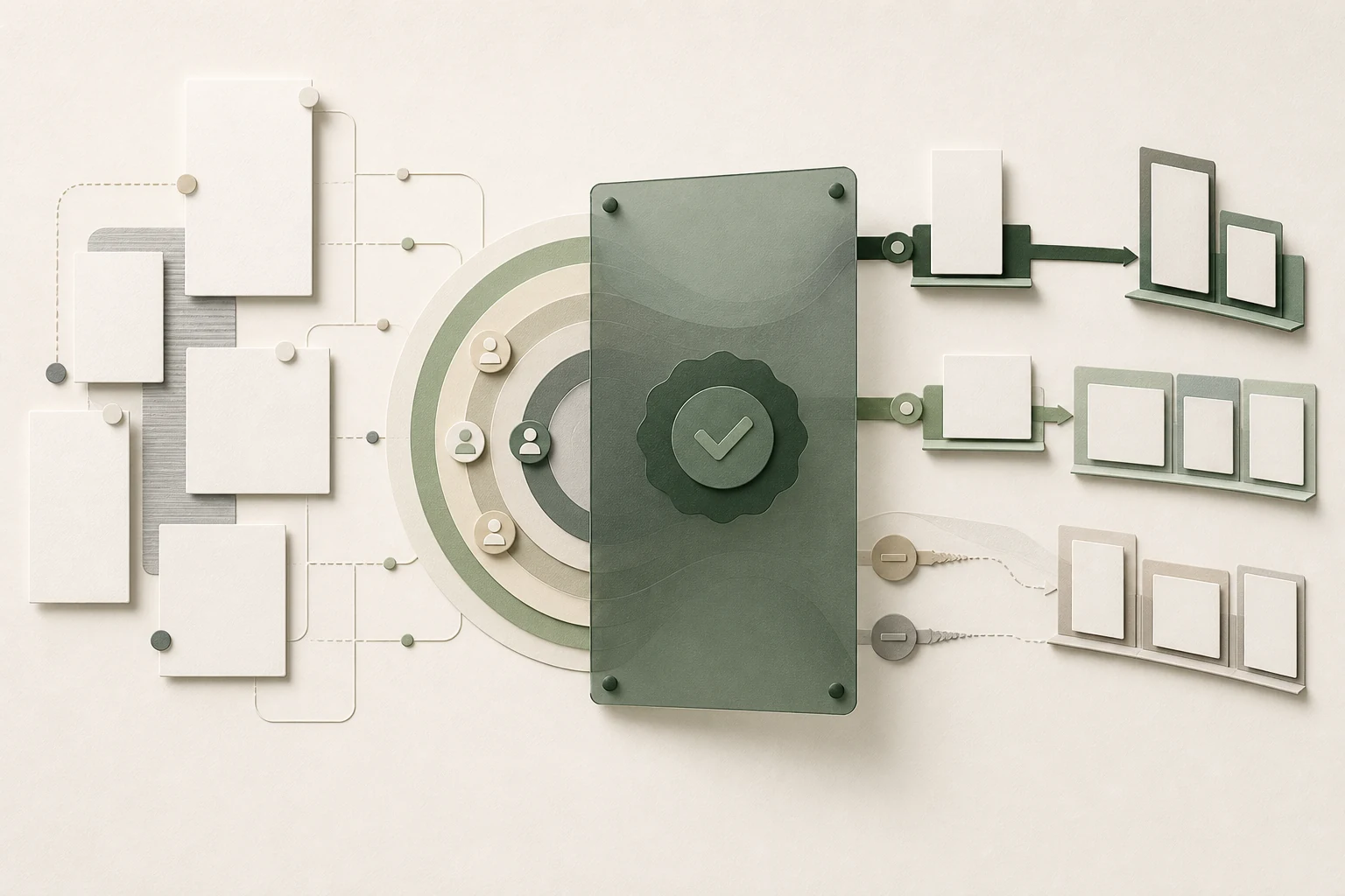 Blank placement cards around an audience ring, passing a green checked glass gate into approved placement slots.