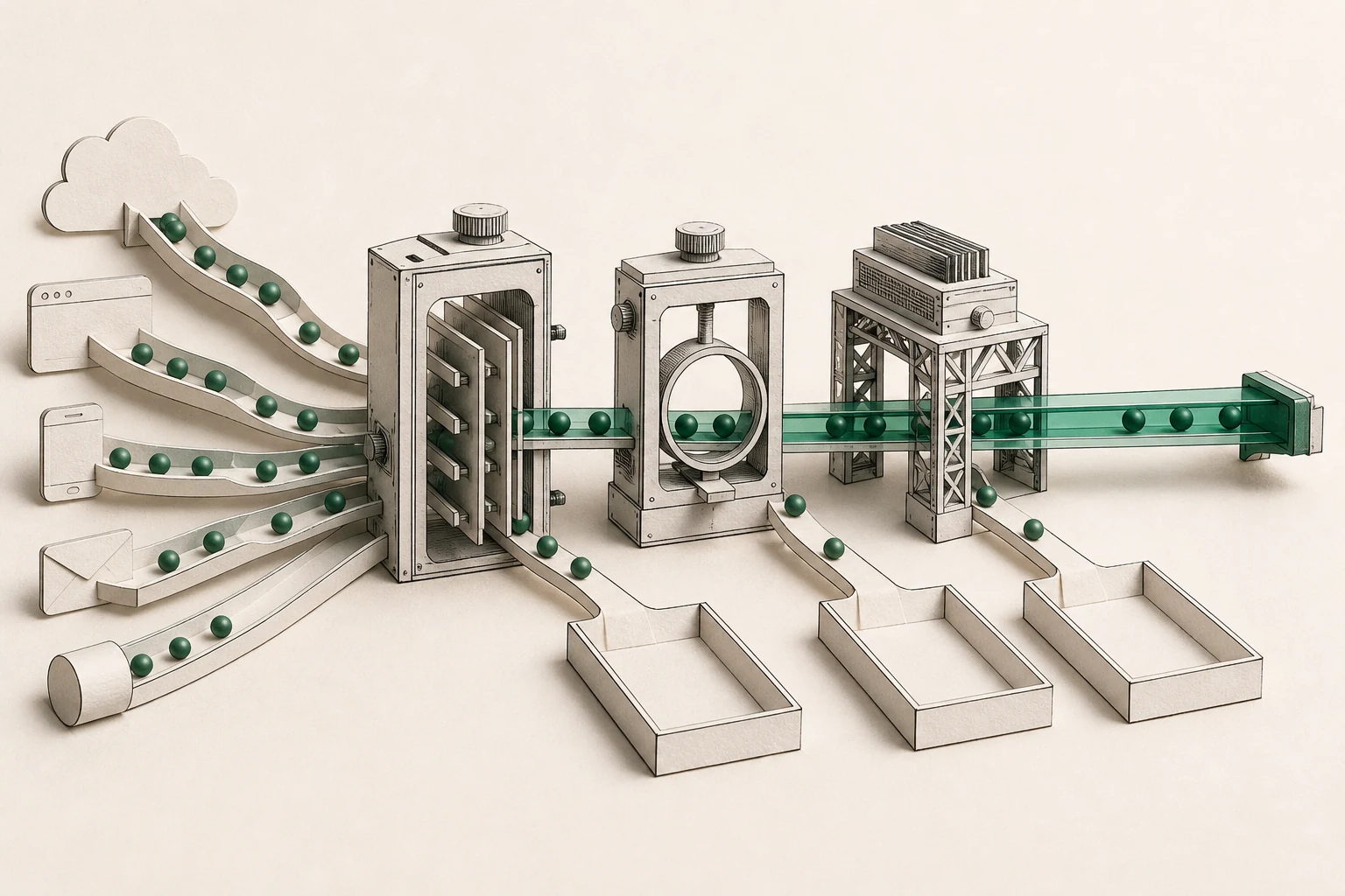 Green beads from several input chutes passing measuring stations onto a glass track, with some falling into trays.
