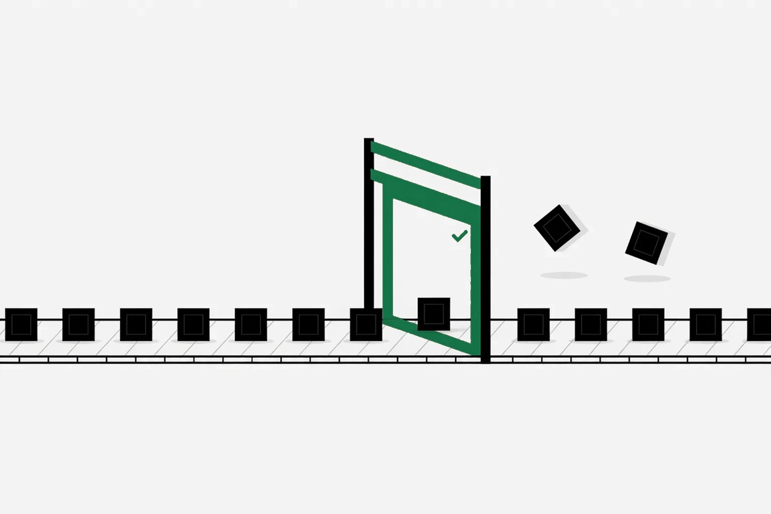 Product squares moving along a line through a green inspection gate, with two lifted out and set aside, showing catalogue waste removed before it spends.
