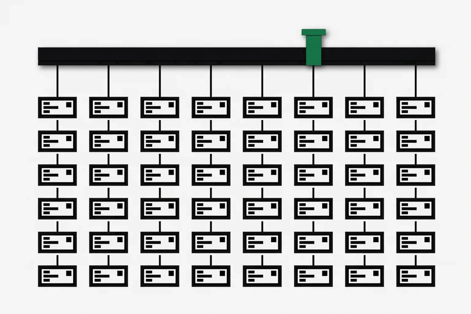 Many account tiles connected upward into one continuous ledger bar, with a single green entry marking one recorded change.