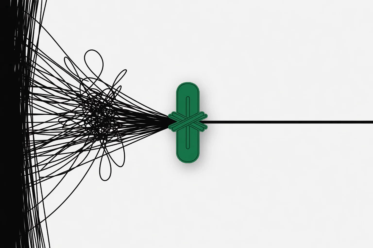 Many tangled threads gathered by a single green clasp and leaving as one clean line, showing scattered work consolidated into one managed path.