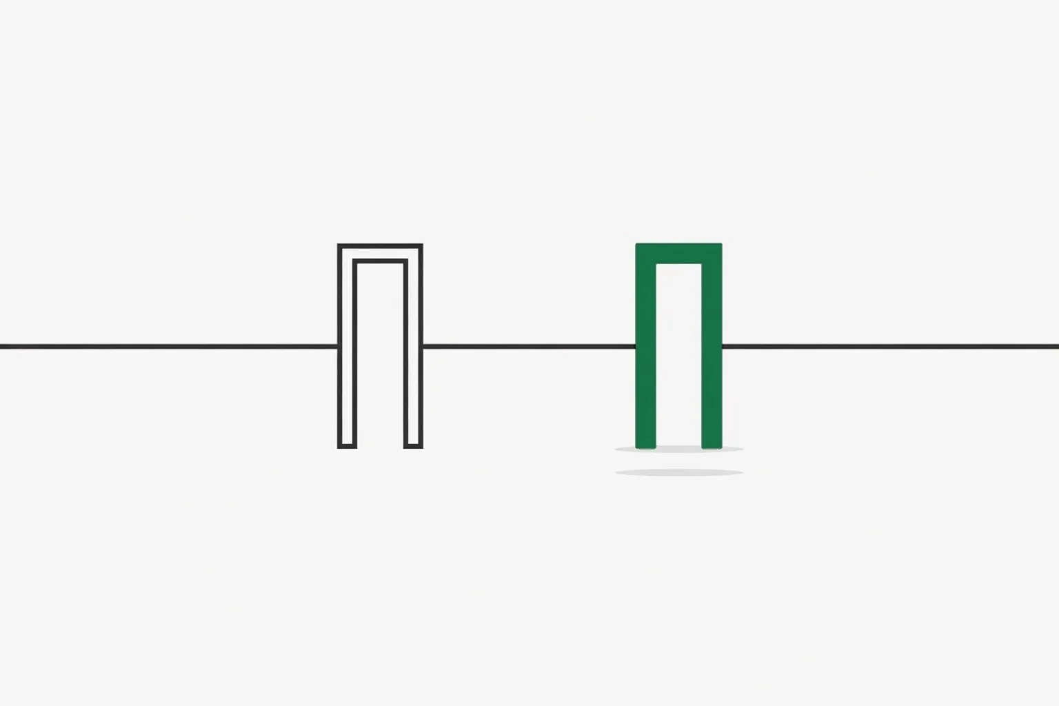 A steady signal line passing through two narrow gates in sequence, the second marked green, with the line continuous and unaltered on both sides.