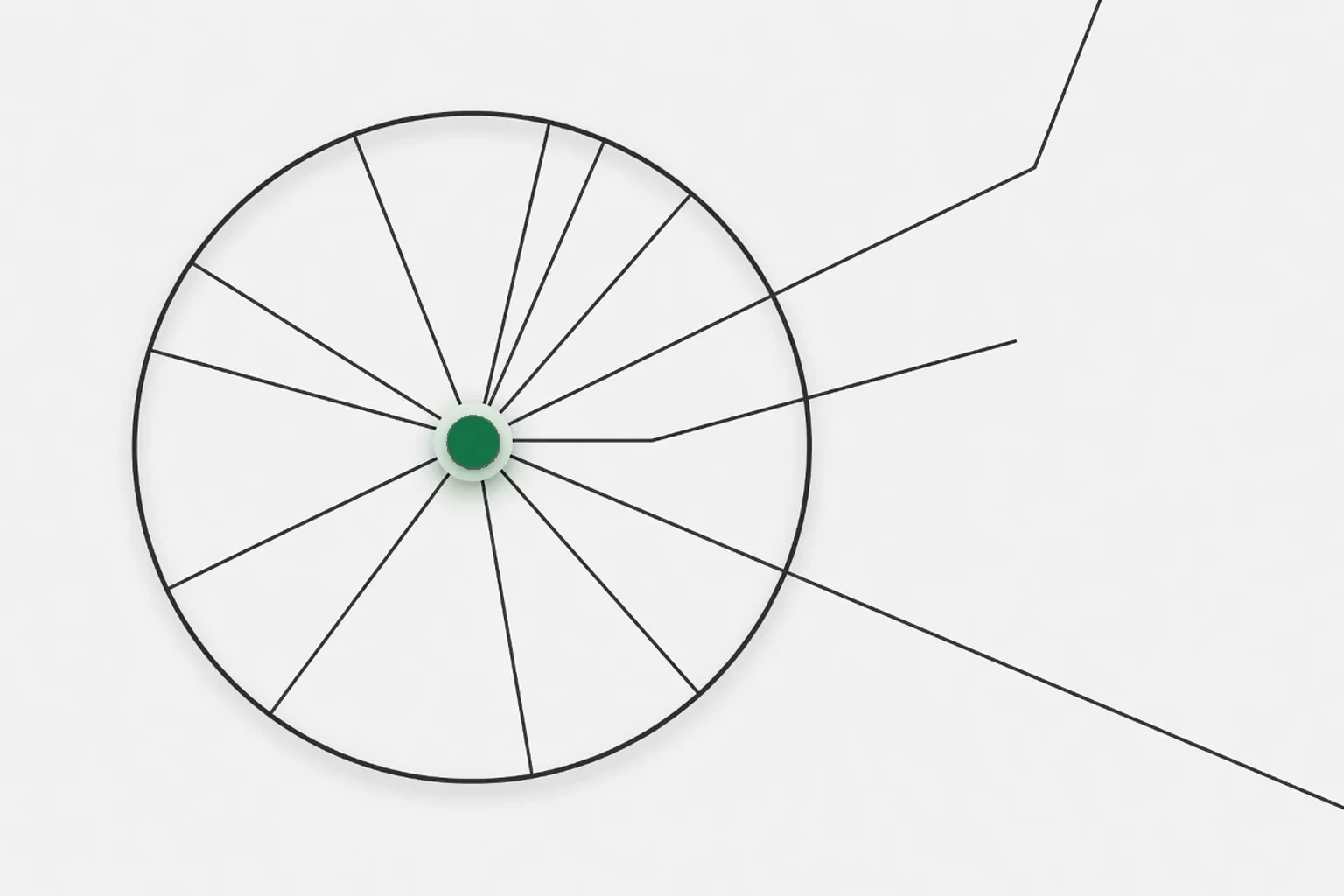 A service radius with a green centre point, routes running out and returning inside it, and two lines stopped at the boundary from outside.