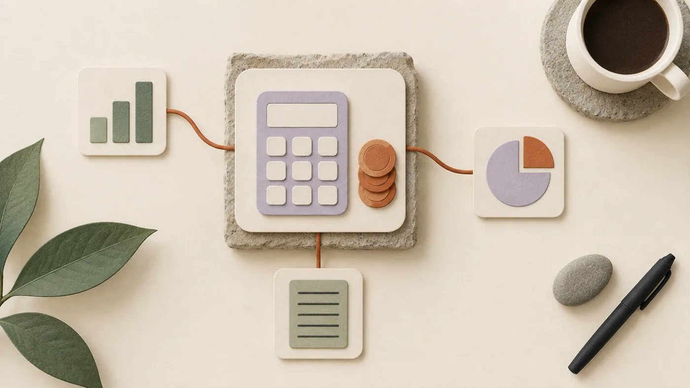 Paper-craft calculator and coin stack for accounting, corded to bar chart, pie chart and ledger tiles on cream paper.