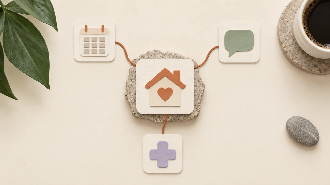 Paper-craft house with a heart for assisted living, corded to calendar, chat bubble and care cross tiles.